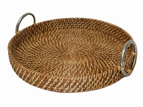 Round rattan tray with metal handles